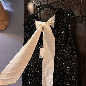 H&M Black Sequin Dress with White Bow NWT